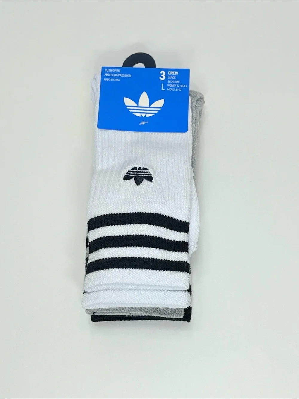 adidas Originals 3-Pack Roller Crew Socks in Black, White & Gray with Trefoil